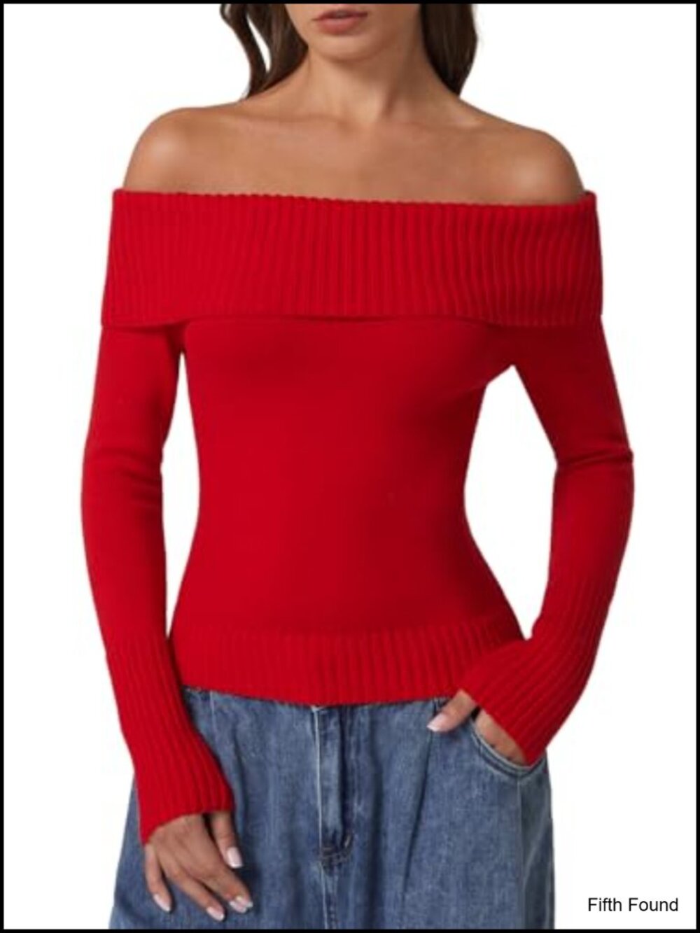 Off the Shoulder 100% Cotton Ribbed Knit Pullover Sweater Long Sleeve